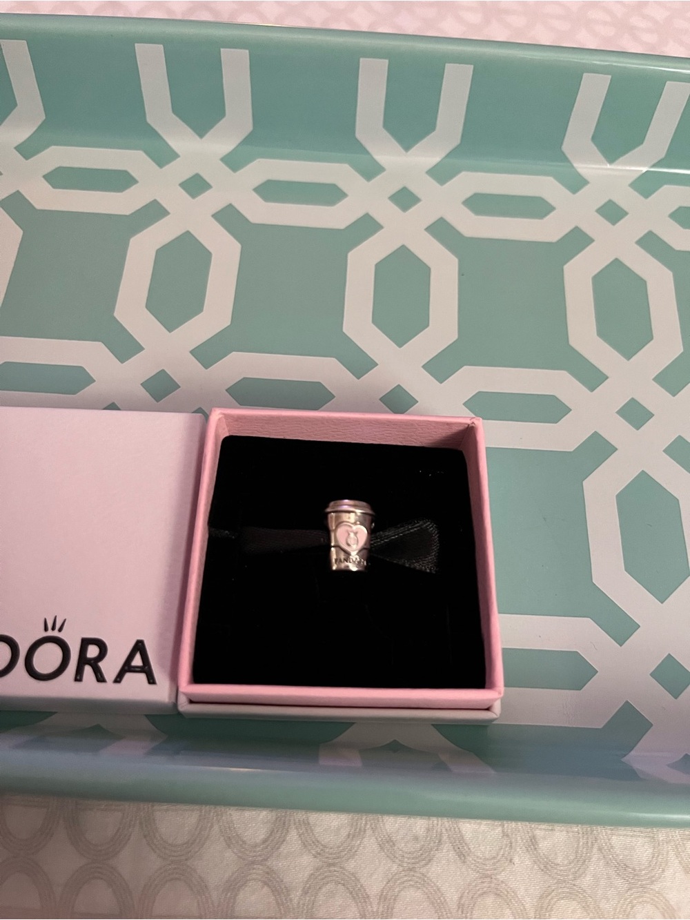 Pandora Silver Coffee Cup Charm in Pink Box